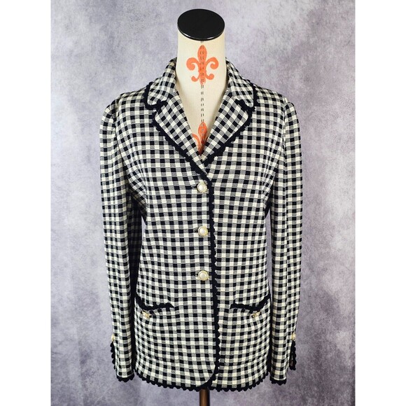 St. John Collection Womens 8 Cardigan Jacket Black White Check Jeweled Btns EUC